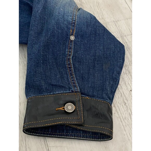 Vtg PELLE PELLE Denim Shirt Jacket Men's 4XL Dark Wash Fade Button Leather Trim - Picture 6 of 13